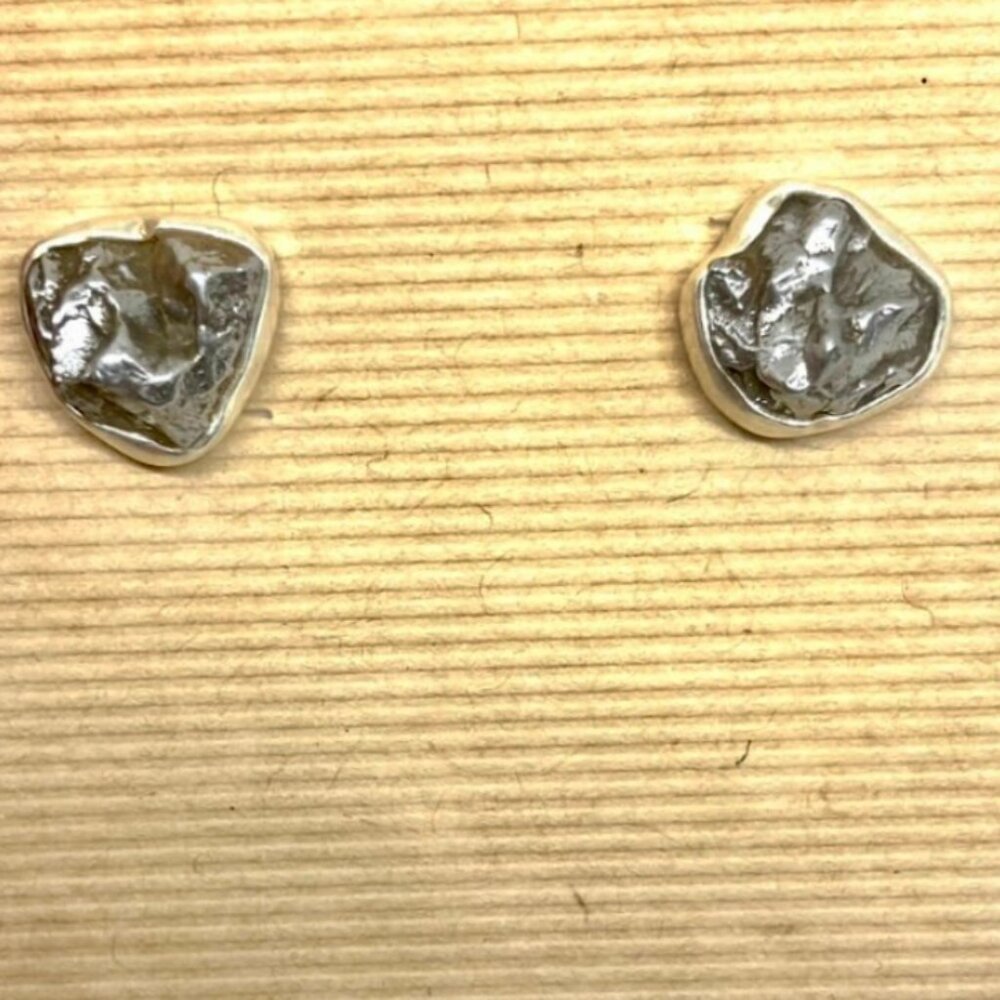 Natural Campo del Cielo Meteorite In Sterling Silver. Bezel Set Stud Earrings.